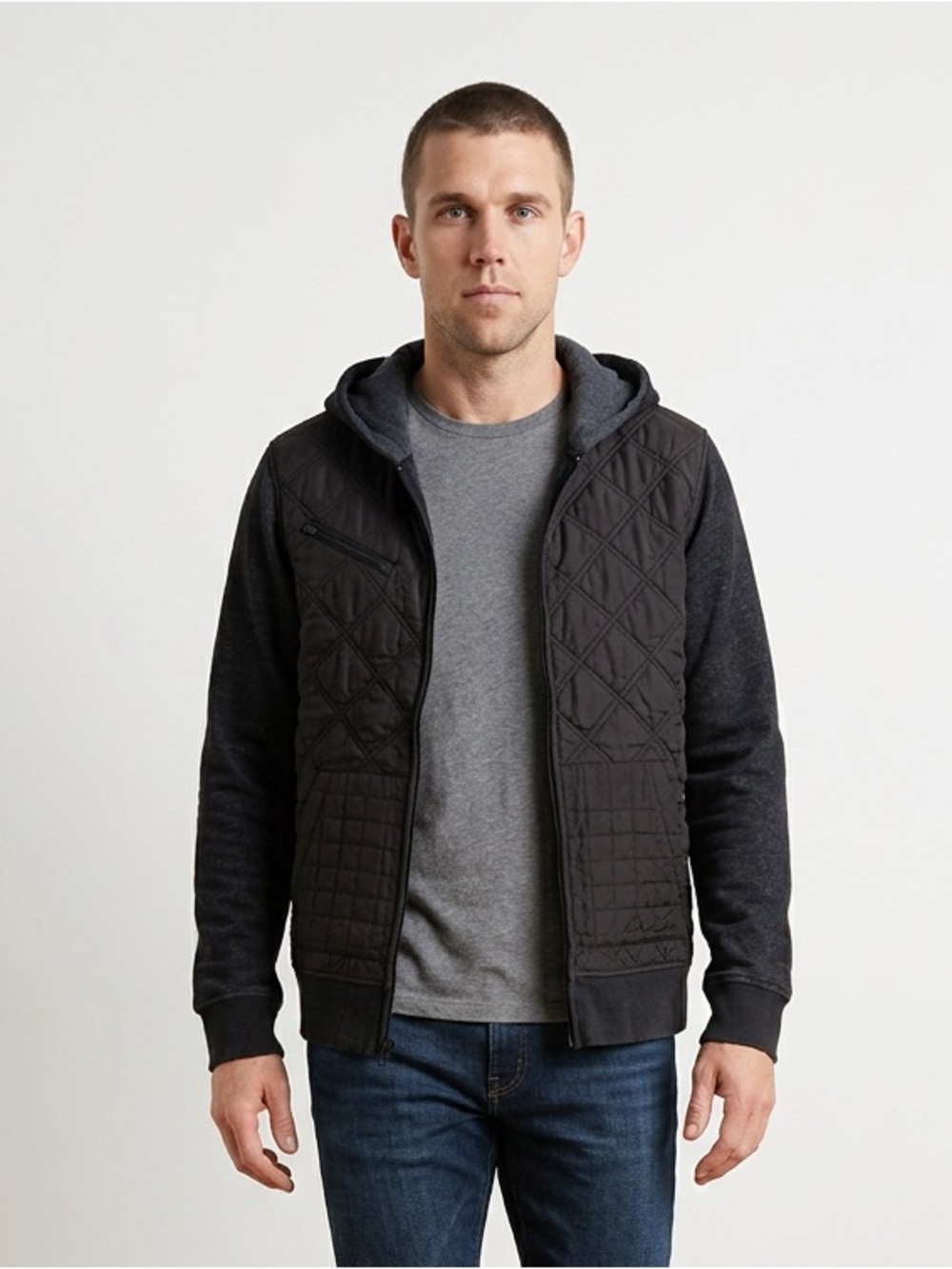 Hurley Quilted Hooded Jacket in Charcoal and Gray